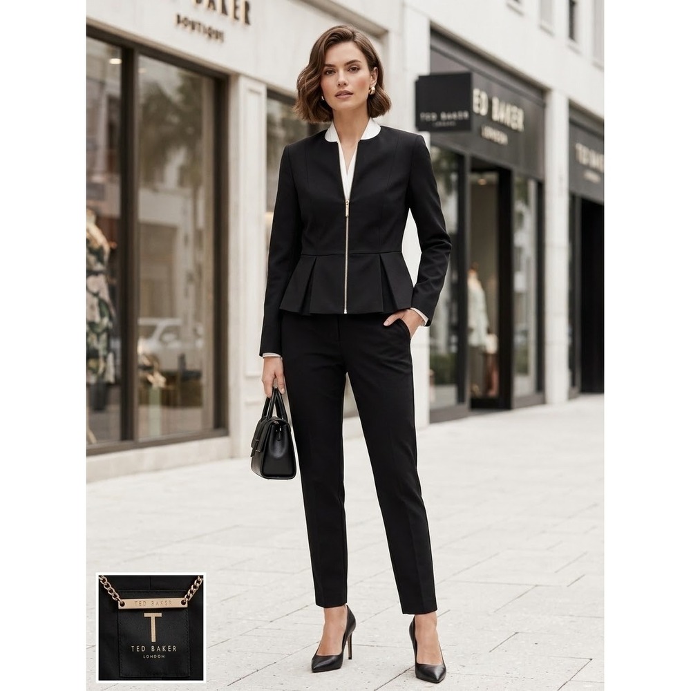 Ted Baker London Naimey Black Peplum Zip Front Blazer Jacket Rose Gold Size 3